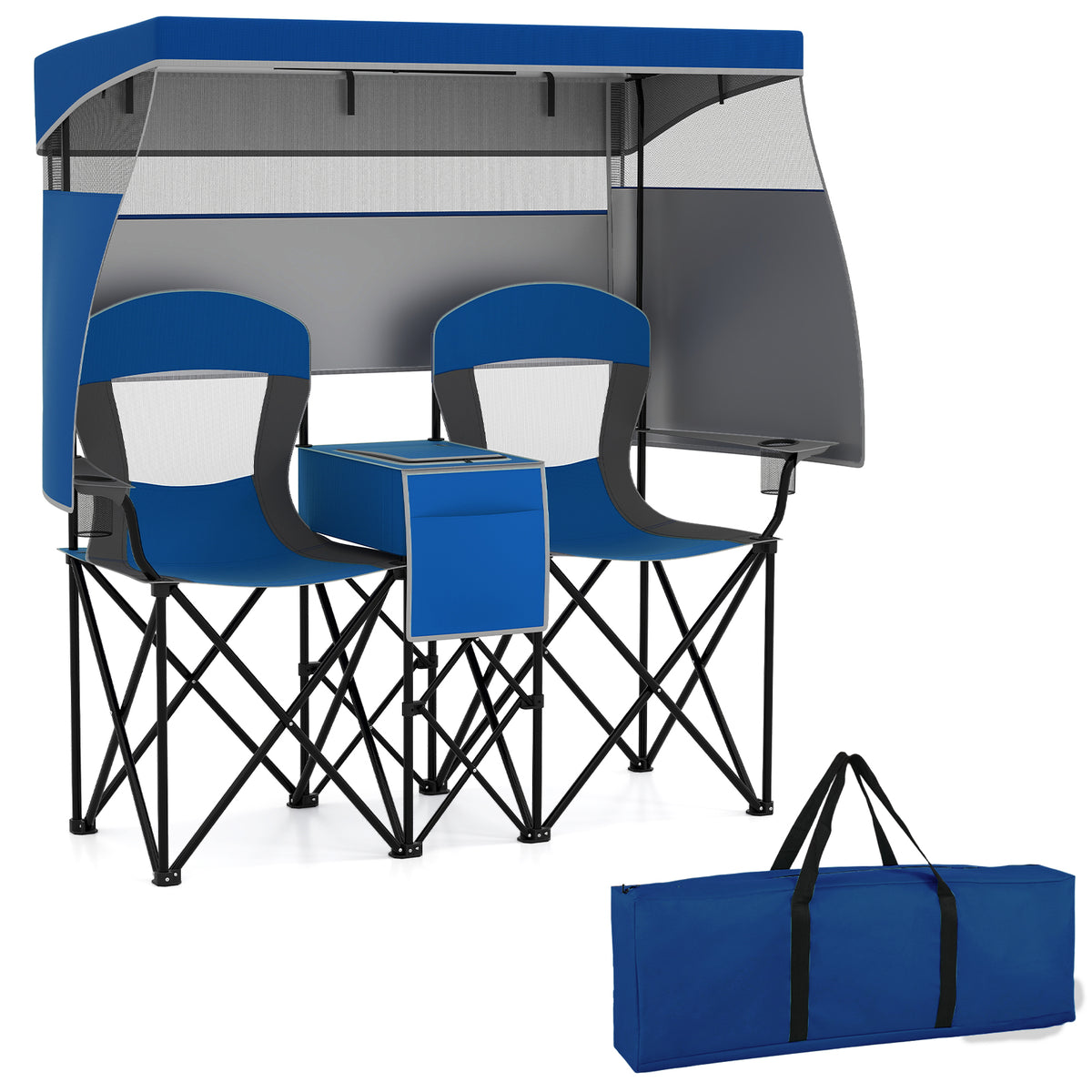 Double Beach Chair w/ Adjustable Canopy, 3 -Side Shading Curtains