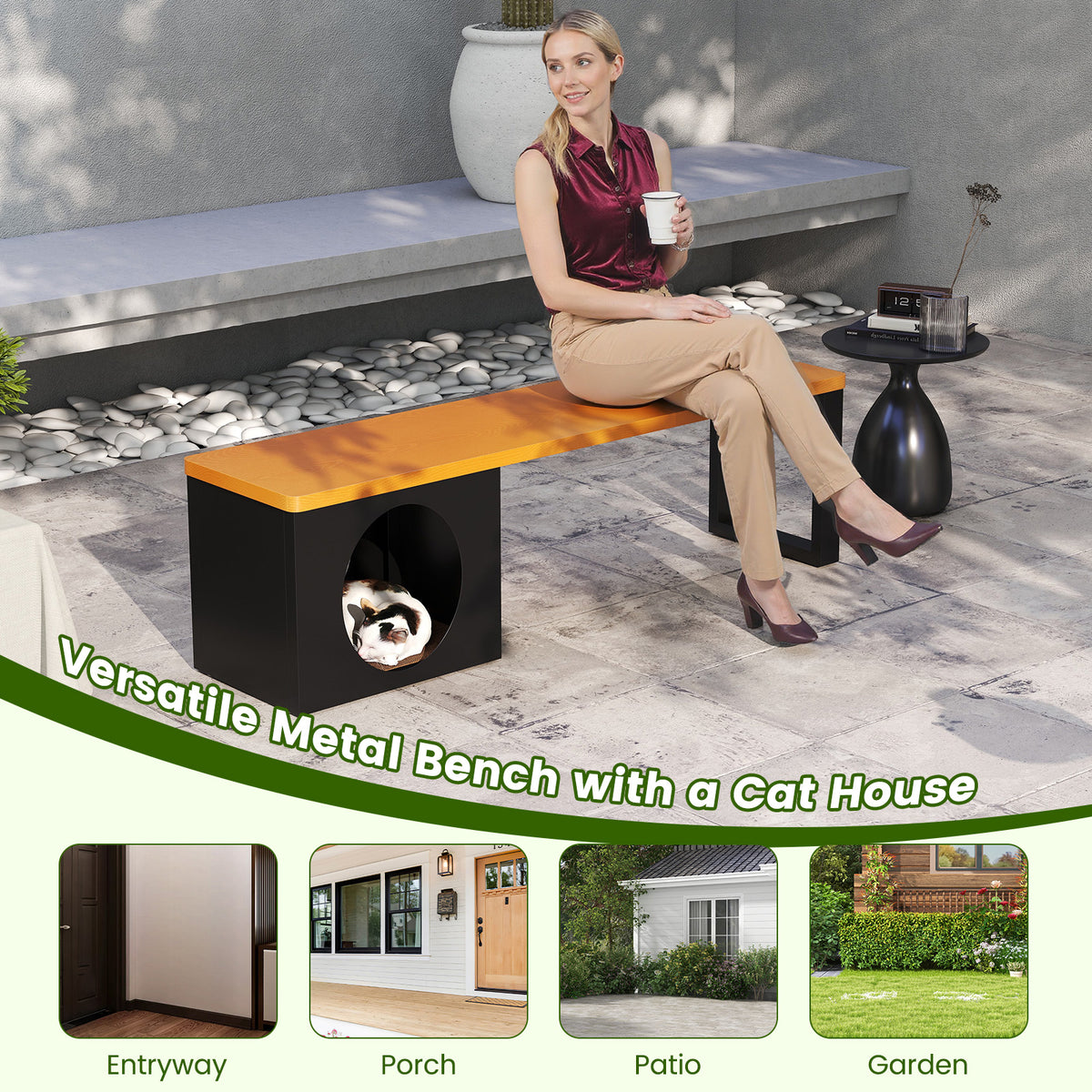 150 CM Long Outdoor Metal Bench w/ Cat House, Scratching Pad