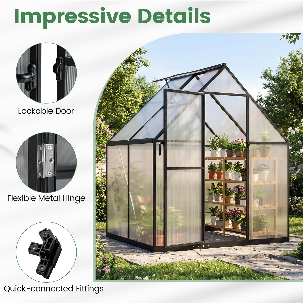 190 x 130 x 200 cm Polycarbonate Greenhouse with Adjustable Roof Vent