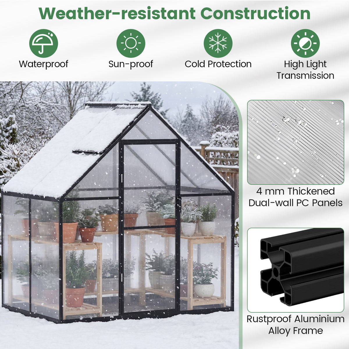 190 x 130 x 200 cm Polycarbonate Greenhouse with Adjustable Roof Vent