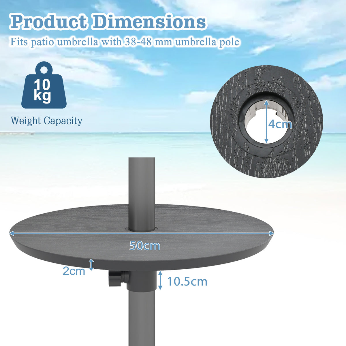50CM Round Umbrella Table Tray Outdoor Adjustable Umbrella Table w/Umbrella Hole
