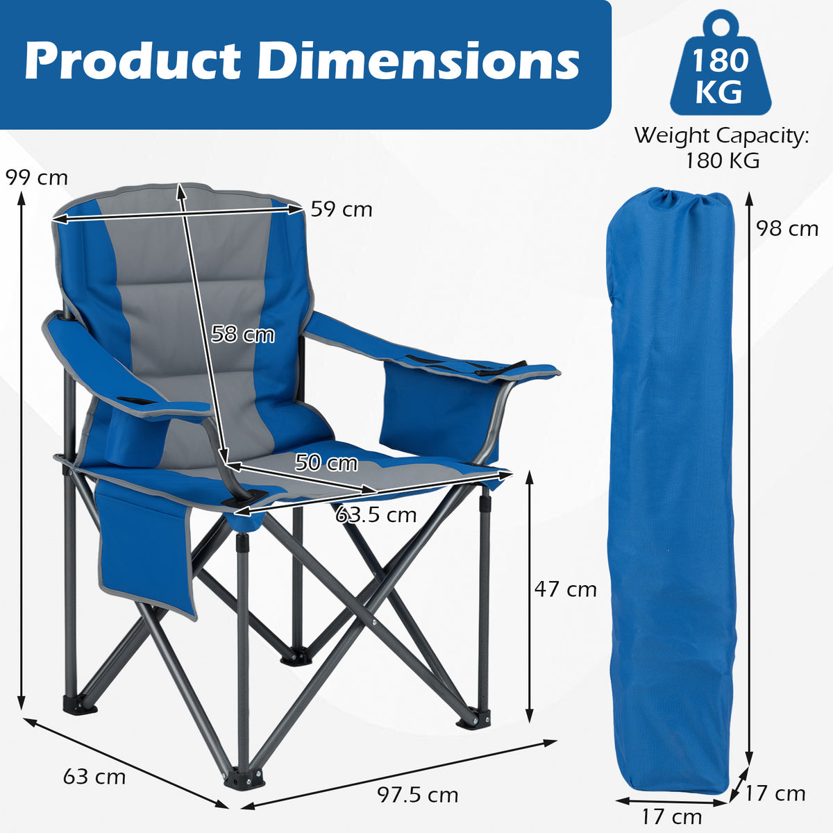 Oversized Camping Chair, Portable Folding Chair with Zippered Cooler Pouch & Cup Holder