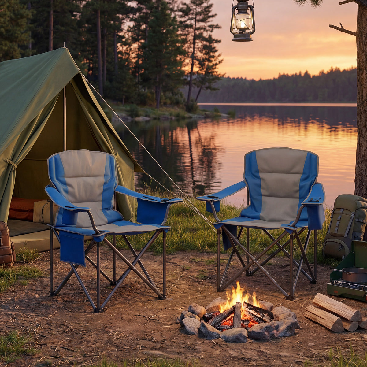 Oversized Camping Chair, Portable Folding Chair with Zippered Cooler Pouch & Cup Holder