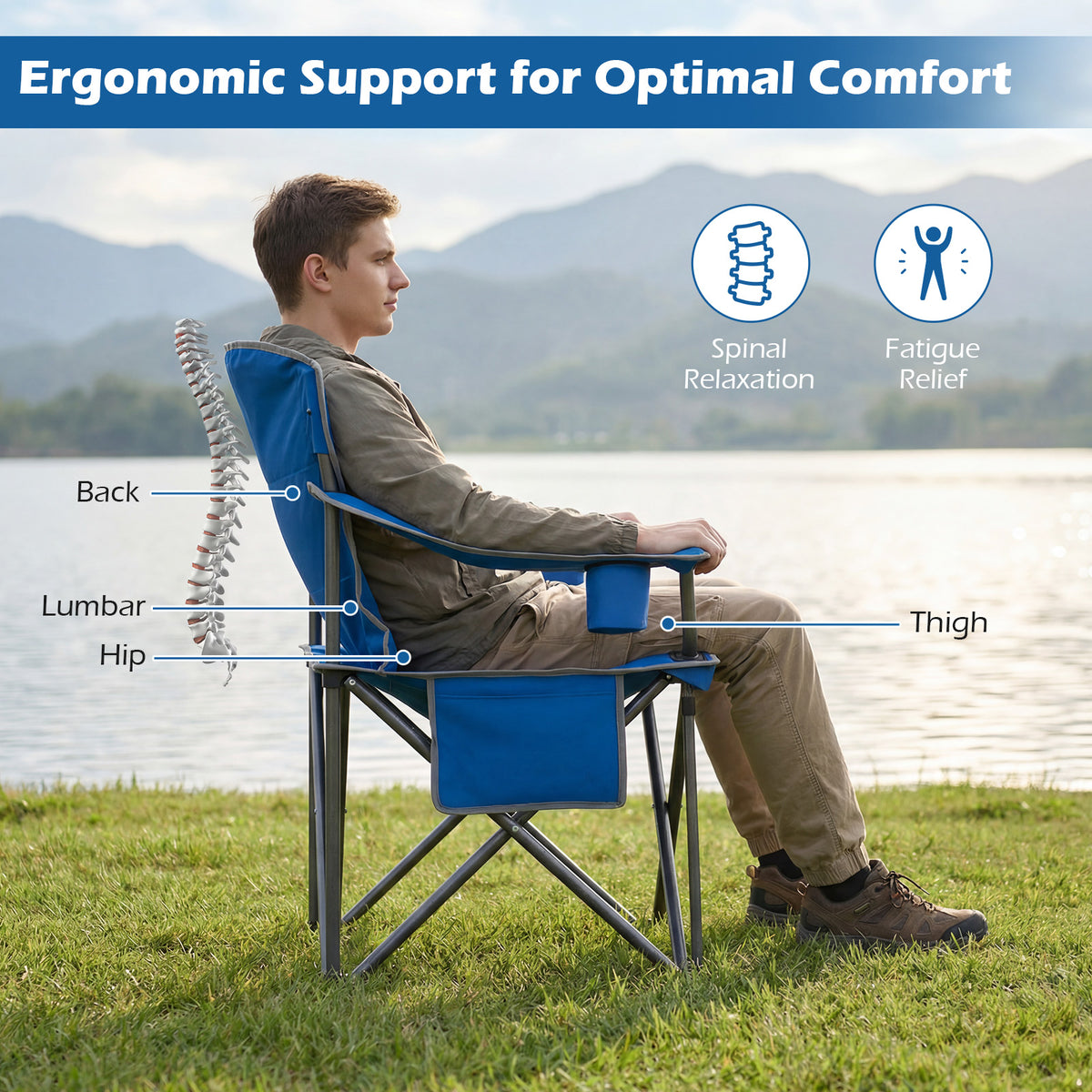 Oversized Camping Chair, Portable Folding Chair with Zippered Cooler Pouch & Cup Holder