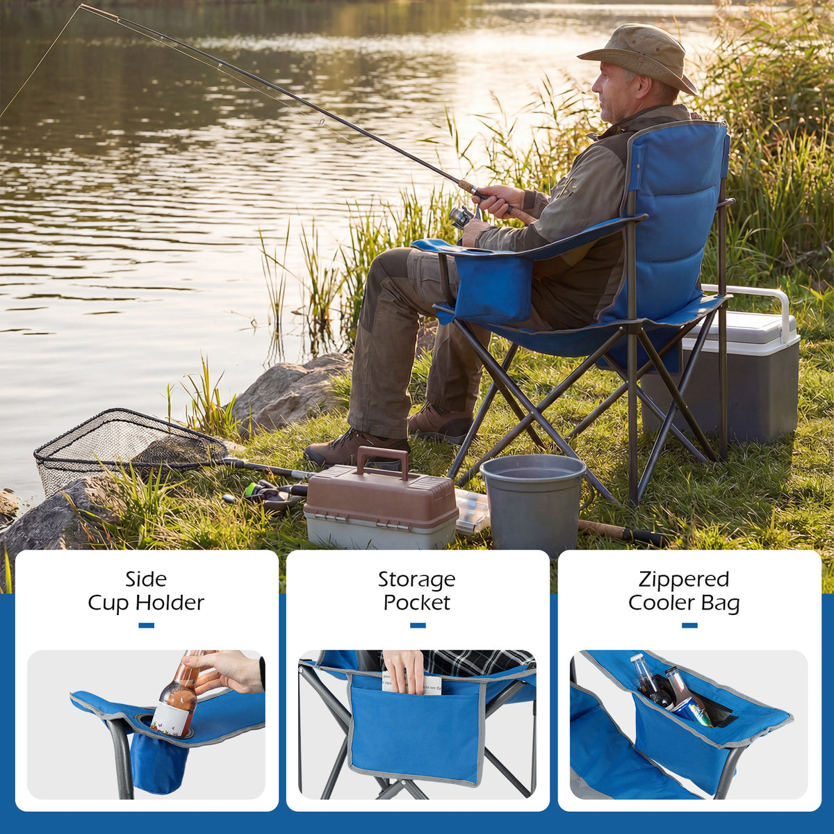 Oversized Camping Chair, Portable Folding Chair with Zippered Cooler Pouch & Cup Holder