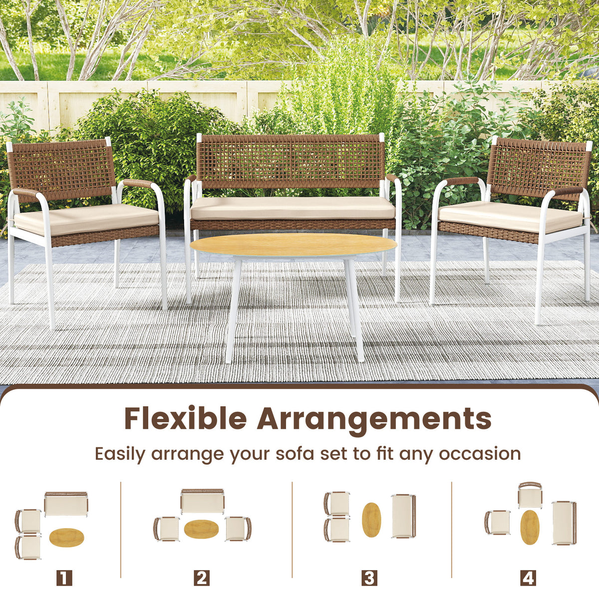 Patio Furniture Set with Soft Seat Cushions and Tempered Glass Table