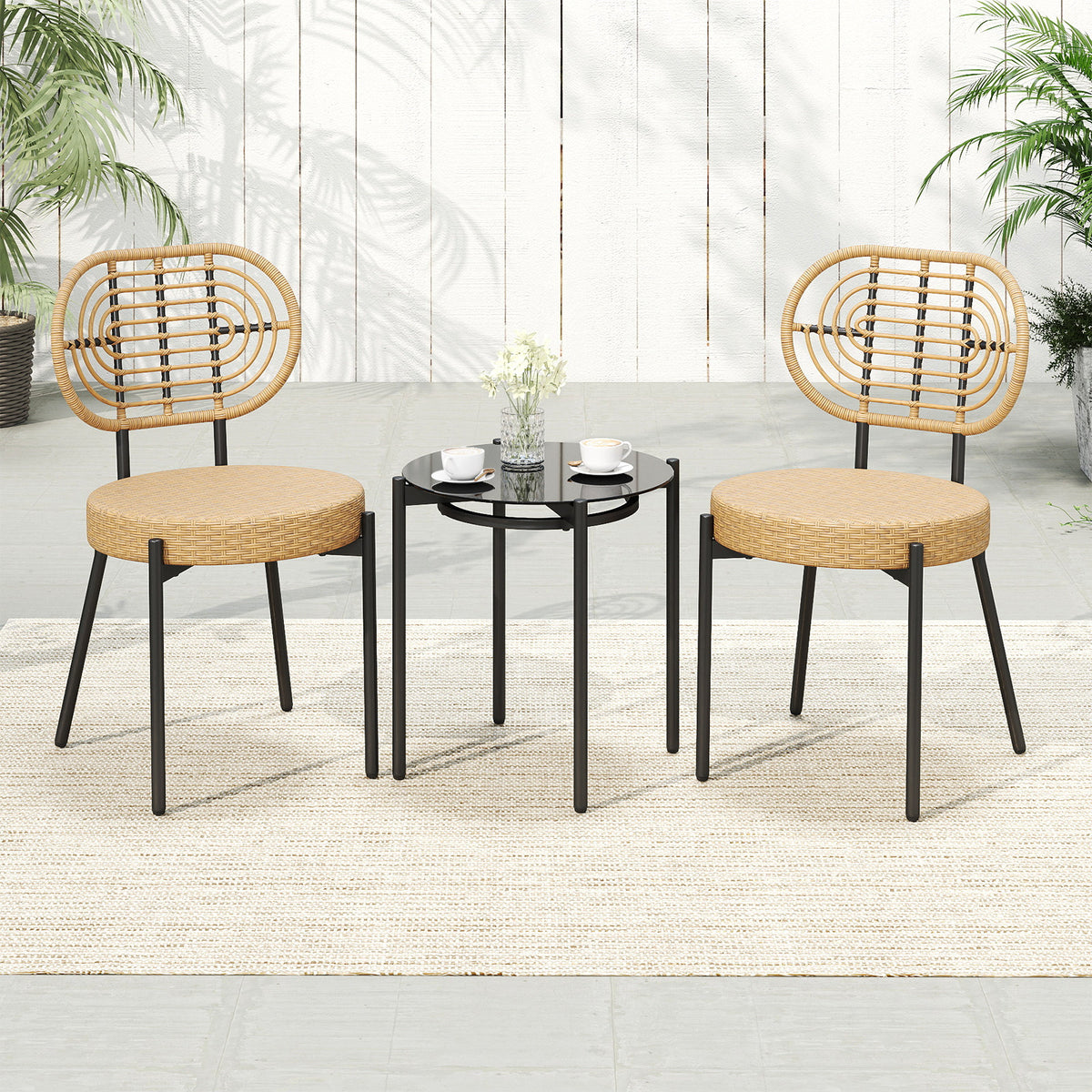 3 Pieces PE Wicker Outdoor Bistro Set with Tempered Glass Coffee Table