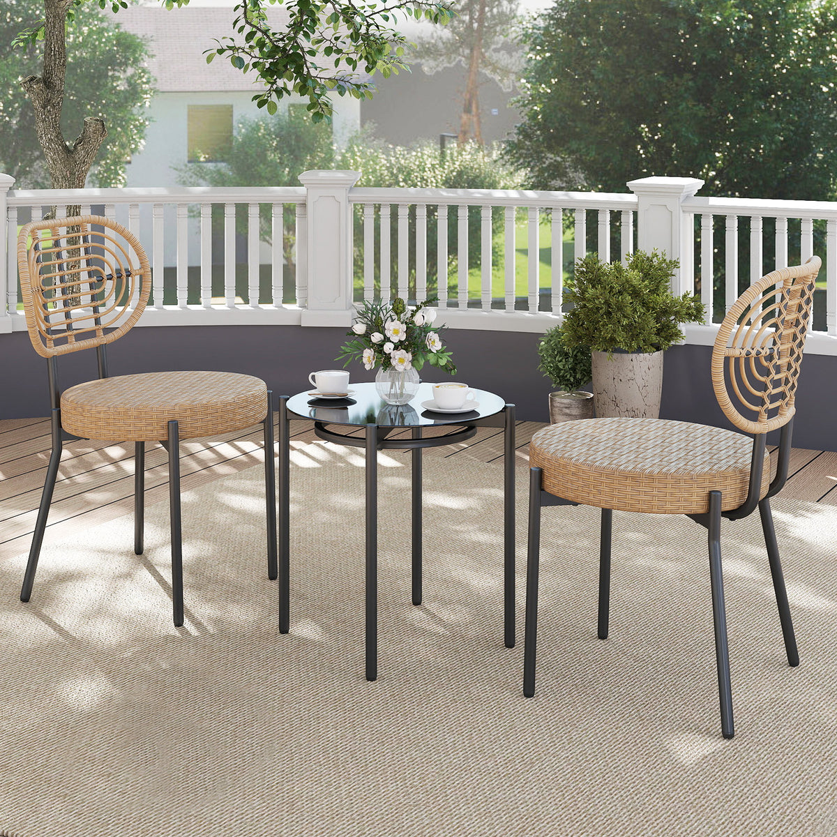 3 Pieces PE Wicker Outdoor Bistro Set with Tempered Glass Coffee Table
