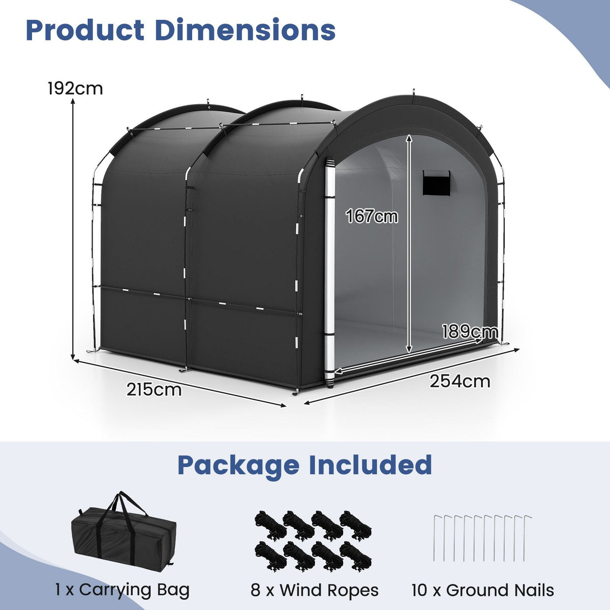 Bike Storage Shed Tent with Waterproof Silver Coated Fabric for 8 Bicycles