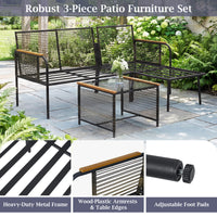 3 Pieces Wicker Furniture Set with Cushions and Tempered Glass Side Table