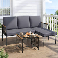 3 Pieces Wicker Furniture Set with Cushions and Tempered Glass Side Table
