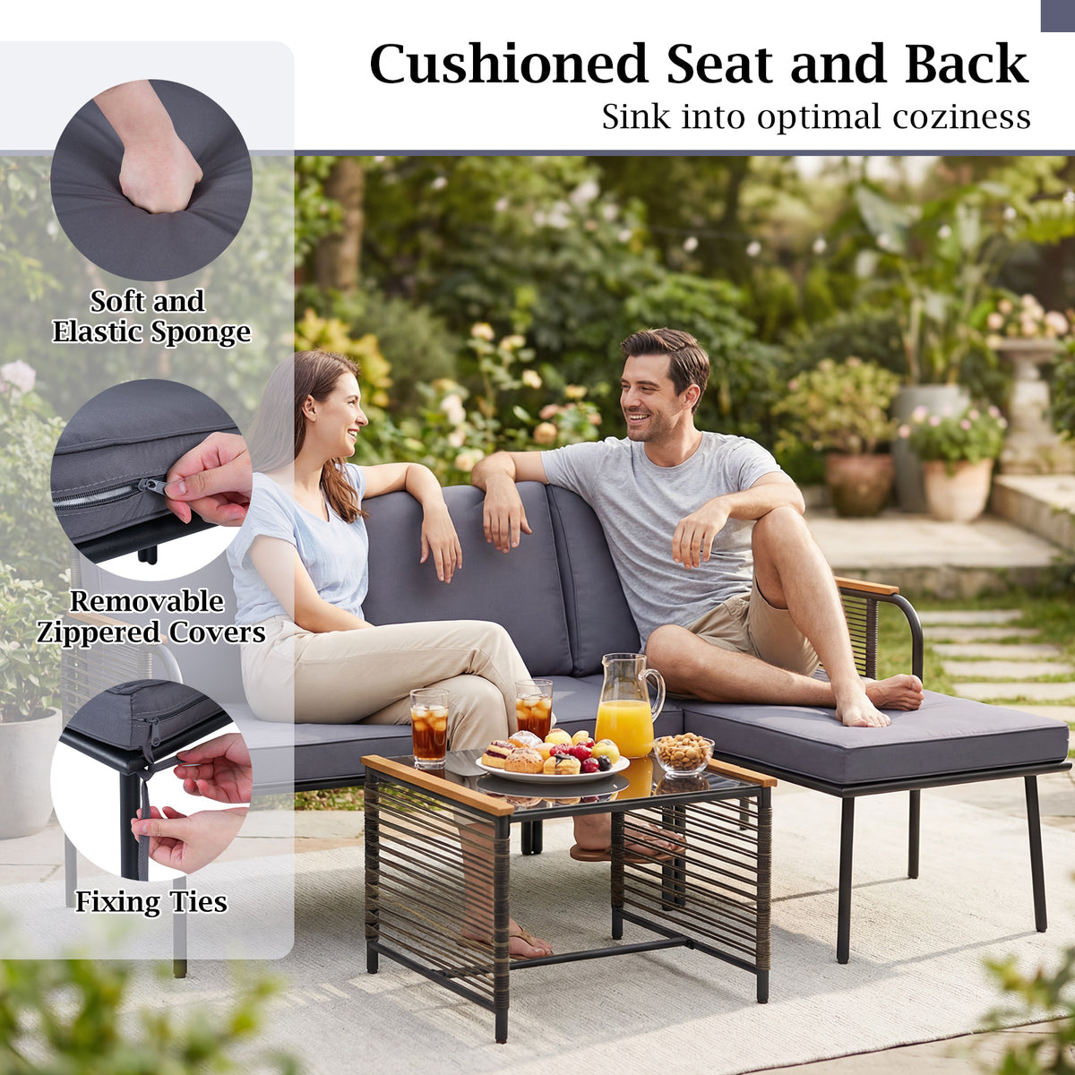 3 Pieces Wicker Furniture Set with Cushions and Tempered Glass Side Table