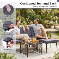 3 Pieces Wicker Furniture Set with Cushions and Tempered Glass Side Table