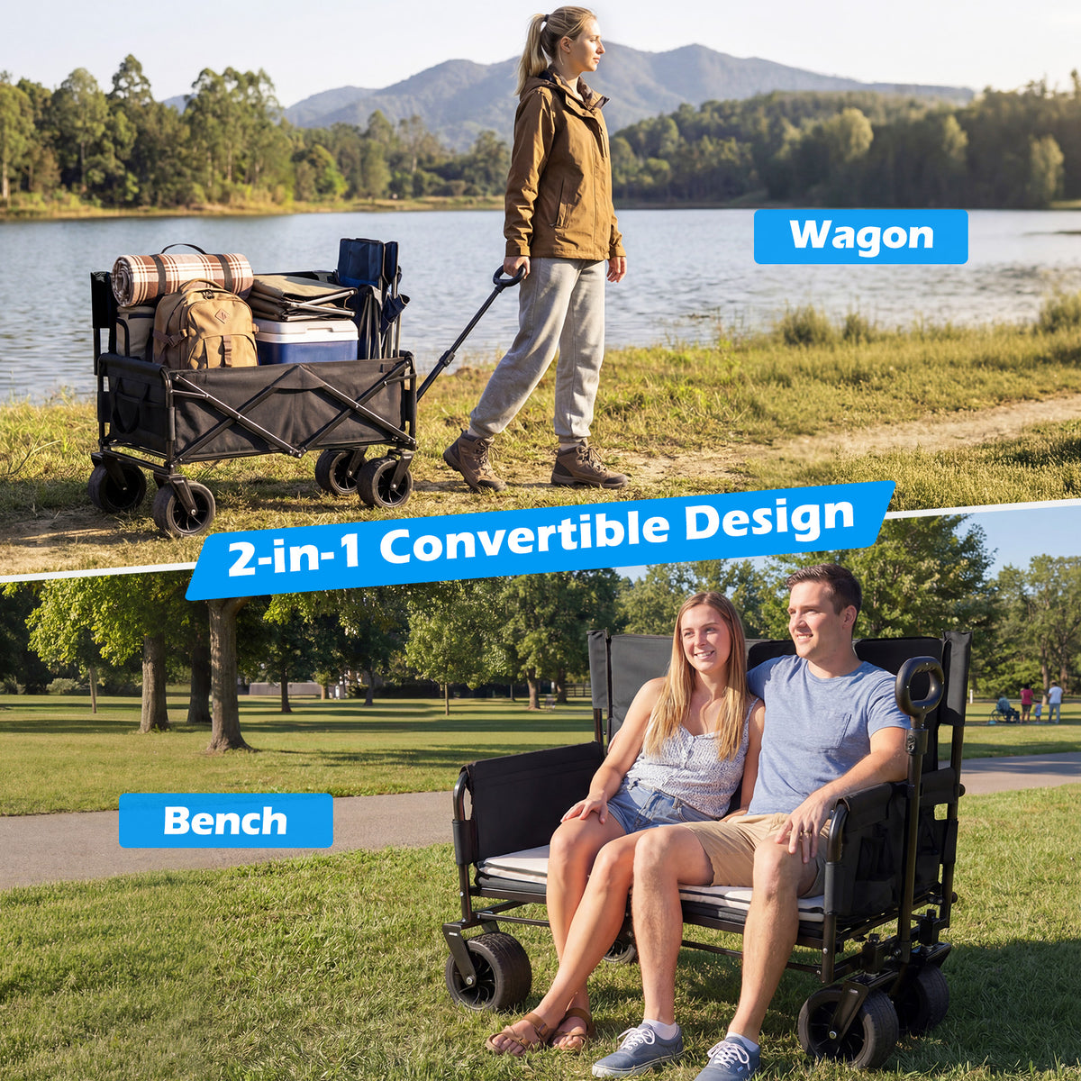 2-in-1 Wagon Bench Seat Combo with Adjustable Push/Pull Handle
