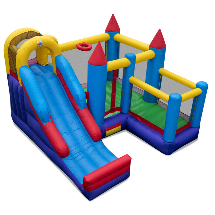 Inflatable Kids Bouncy House, Jumping Castle Trampoline, w/Slide, Jump Area, Climbing Wall, Basketball Hoop