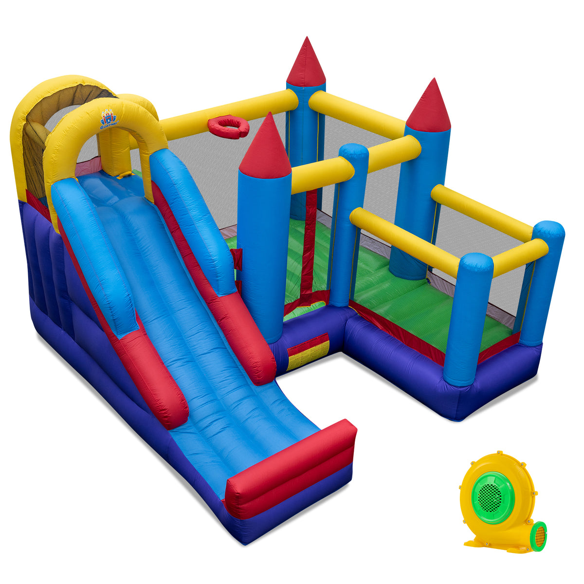 Inflatable Kids Bouncy House, Jumping Castle Trampoline, w/Slide, Jump Area, Climbing Wall, Basketball Hoop