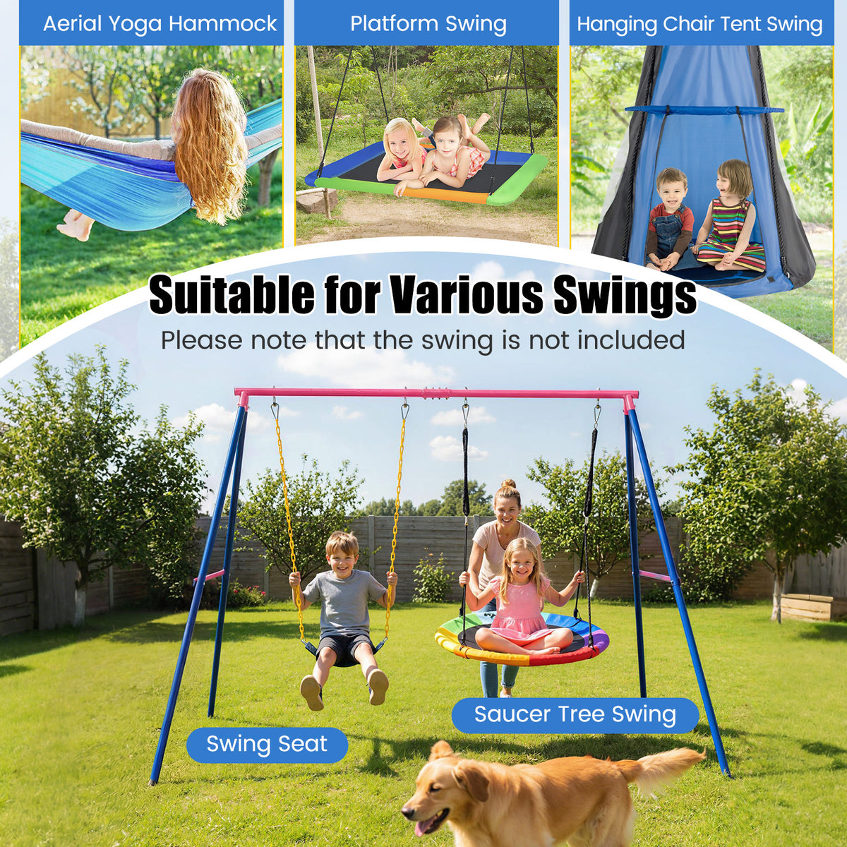 A-Frame Swing Stand for 2 Swings, 660 lbs Heavy Duty Metal Swing Set