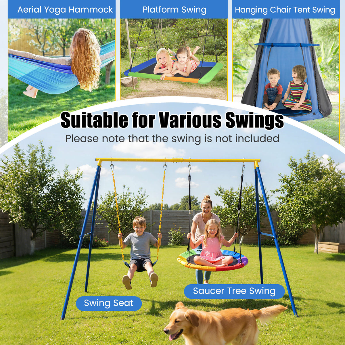 2 Seat Swing Frame for Kids, Children Heavy-Duty Metal Swing Stand w/Ground Stakes