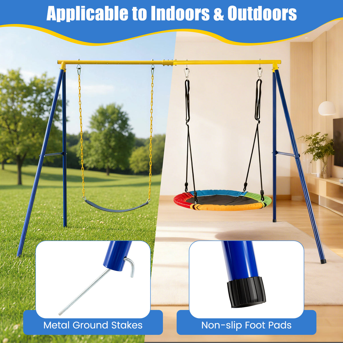 2 Seat Swing Frame for Kids, Children Heavy-Duty Metal Swing Stand w/Ground Stakes