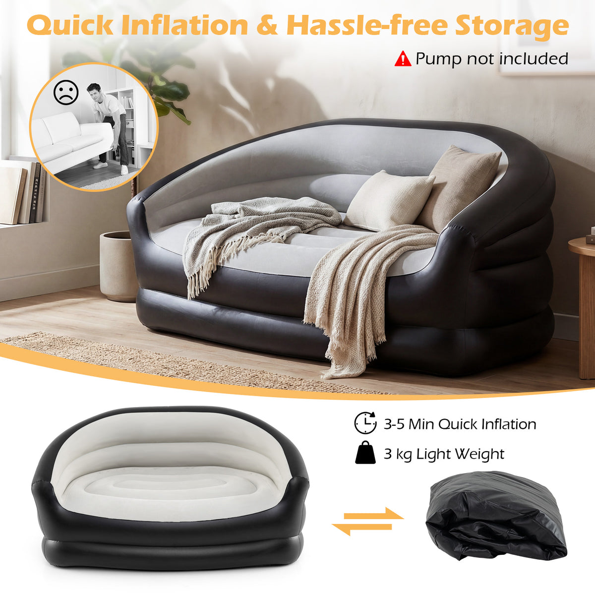 Inflatable Loveseat Couch, Portable & Foldable 2-Seater Air Sofa for Adults