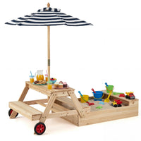 2-in-1 Wooden Sandbox with Foldable Umbrella and Convertible Picnic Table