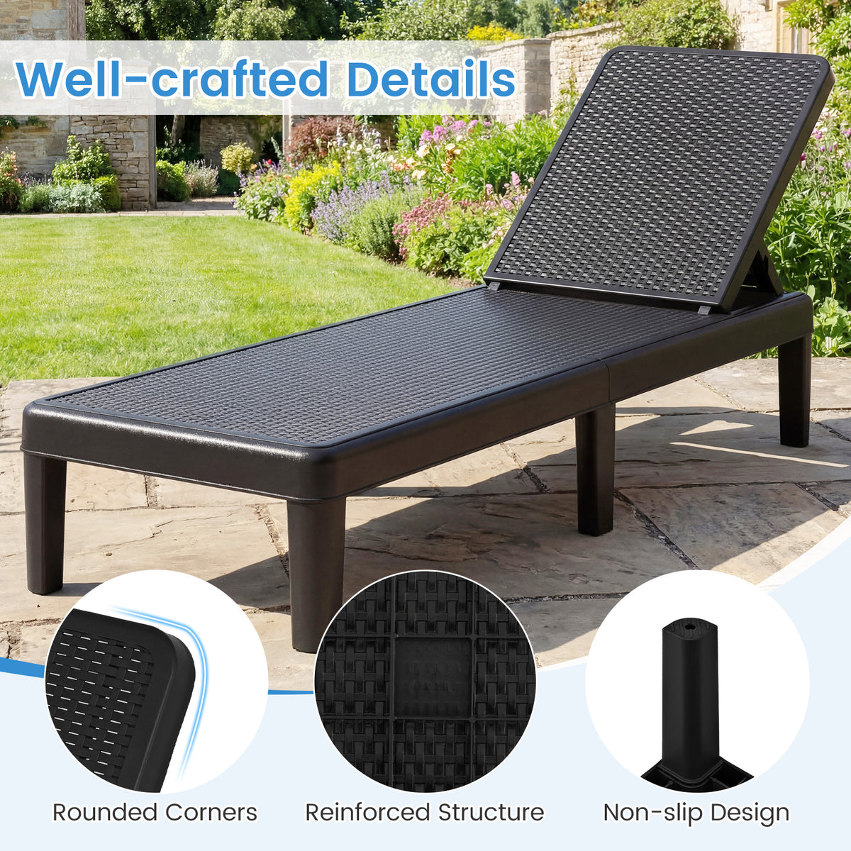 3-Position Reclining Chair with Waterproof Rattan Textured PP Surface
