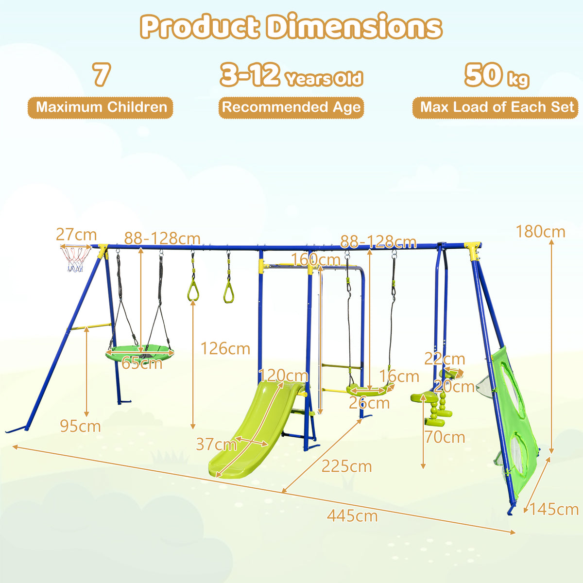 7-in-1 Outdoor Swing Set with Ground Stakes for Garden/Backyard/Park