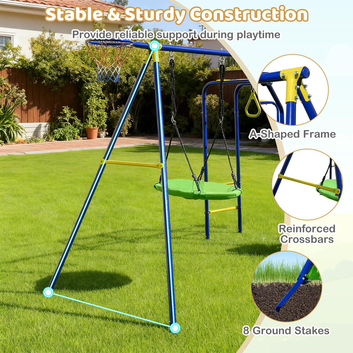 7-in-1 Outdoor Swing Set with Ground Stakes for Garden/Backyard/Park