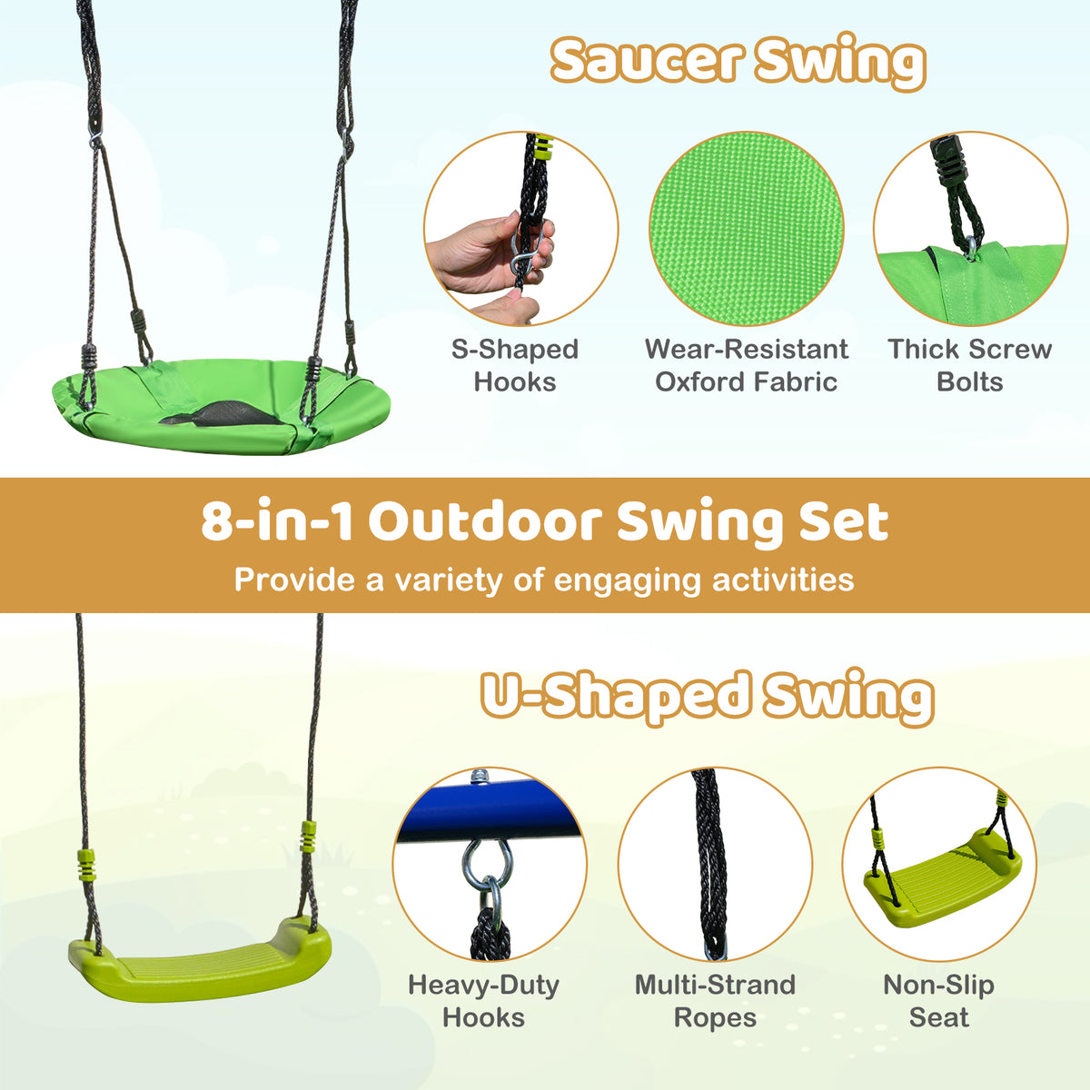 7-in-1 Outdoor Swing Set with Ground Stakes for Garden/Backyard/Park