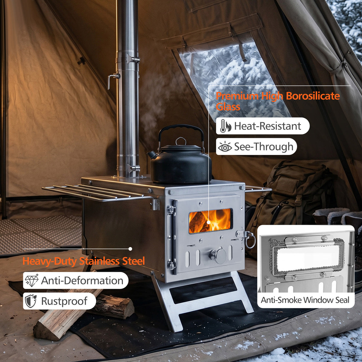 Hot Tent Stove Portable Wood Burning with 7 Pipes and Spark Arrestor