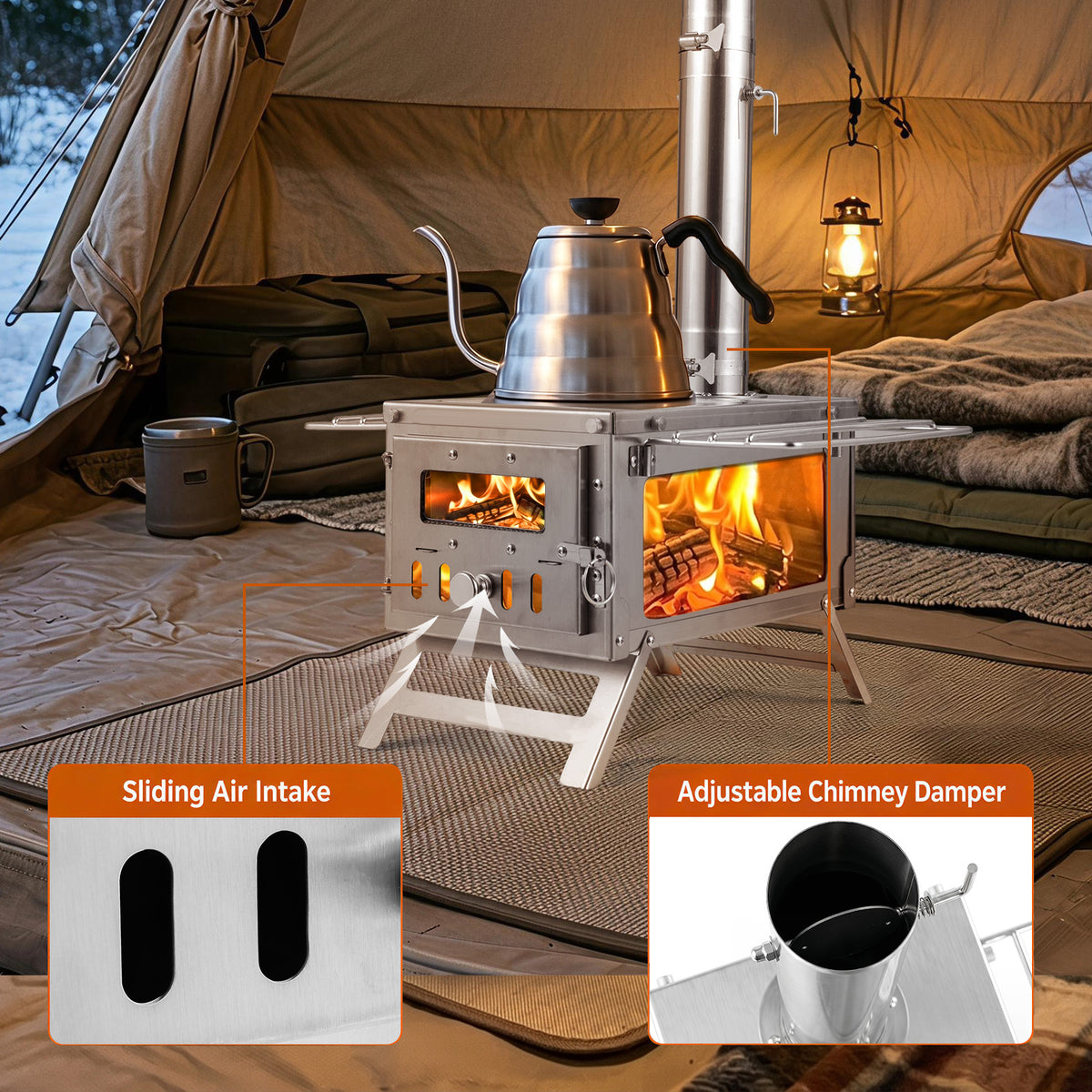 Hot Tent Stove Portable Wood Burning with 7 Pipes and Spark Arrestor