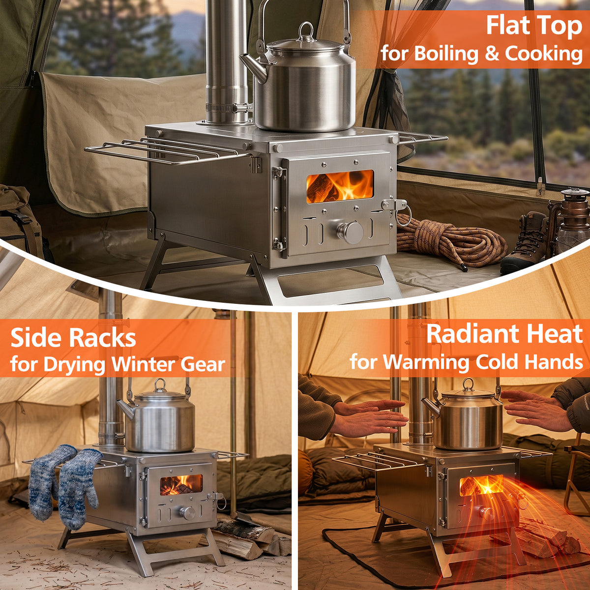 Hot Tent Stove Portable Wood Burning with 7 Pipes and Spark Arrestor