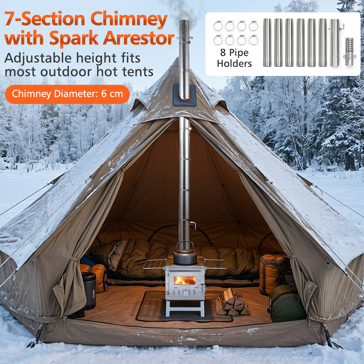 Hot Tent Stove Portable Wood Burning with 7 Pipes and Spark Arrestor