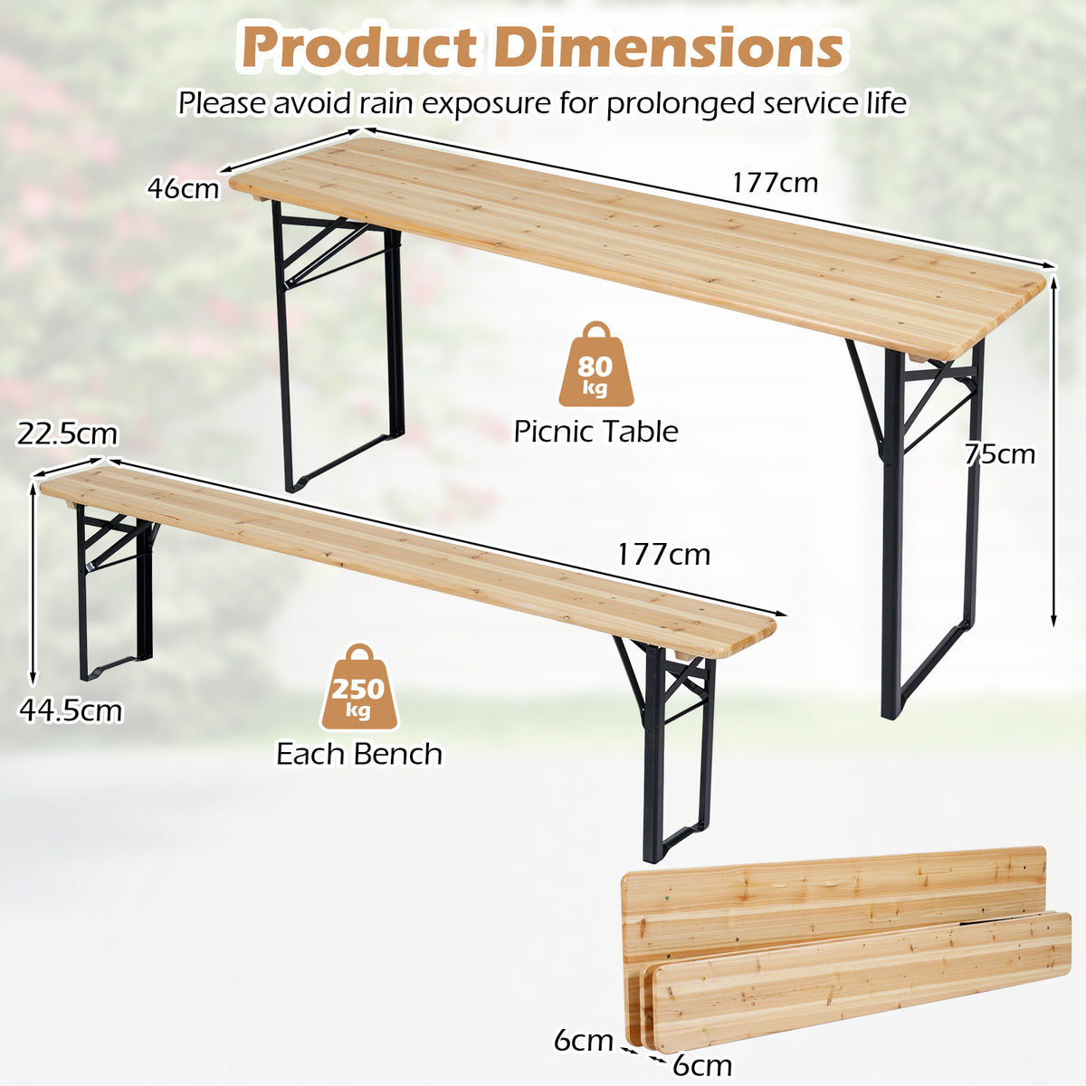 177 CM Folding Picnic Table with 2 Benches 3-Piece Solid Fir Wood Camping Beer Table Bench Set