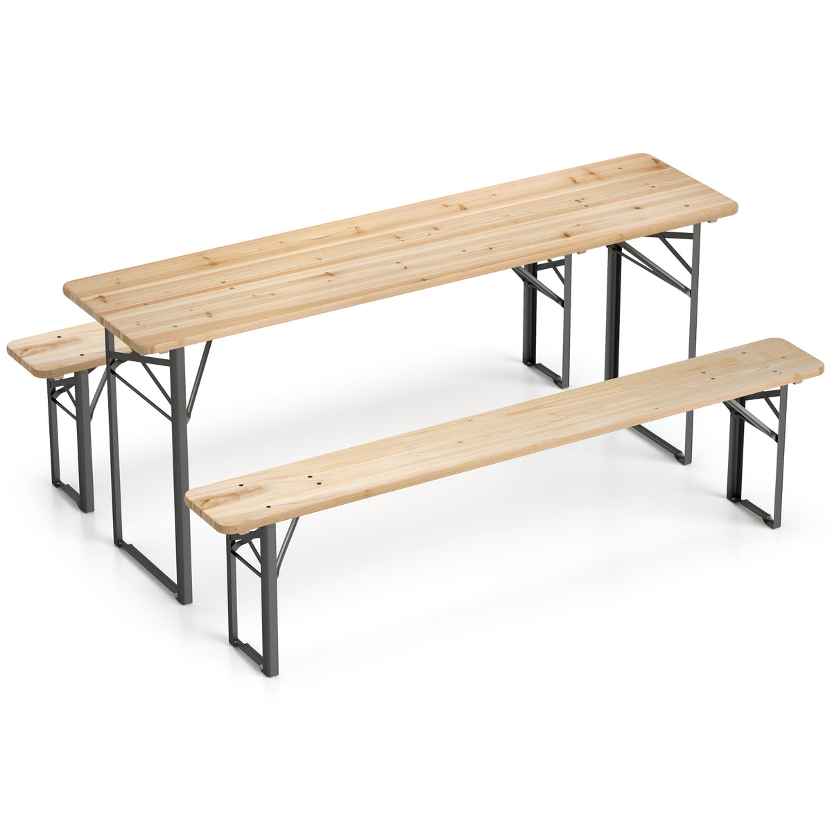 177 CM Folding Picnic Table with 2 Benches 3-Piece Solid Fir Wood Camping Beer Table Bench Set