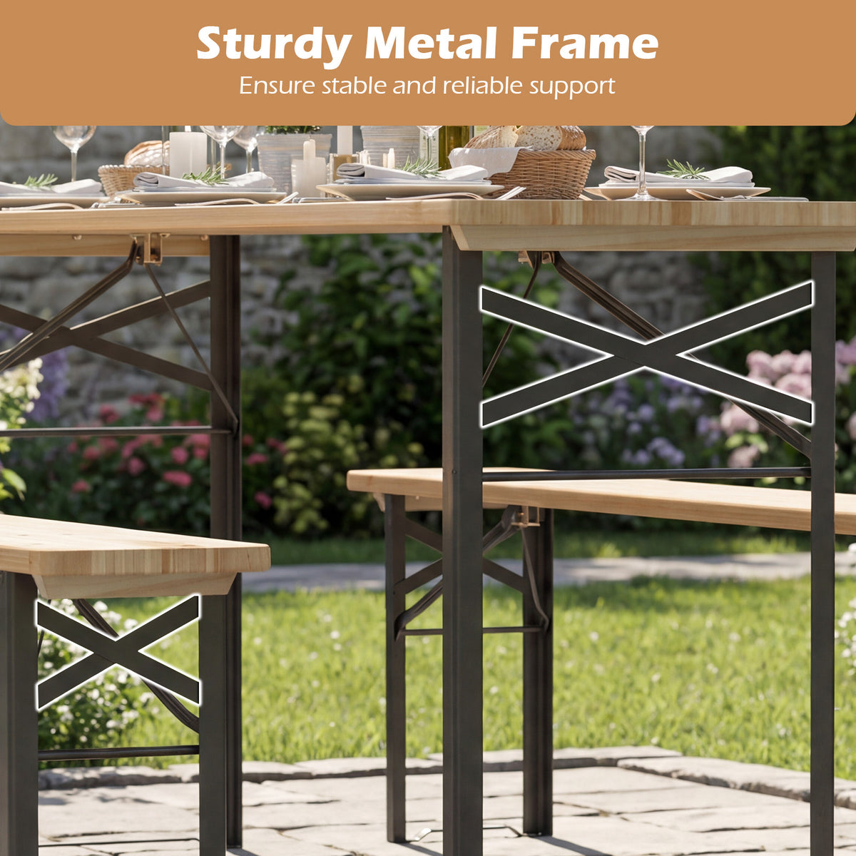 177 CM Folding Picnic Table with 2 Benches 3-Piece Solid Fir Wood Camping Beer Table Bench Set