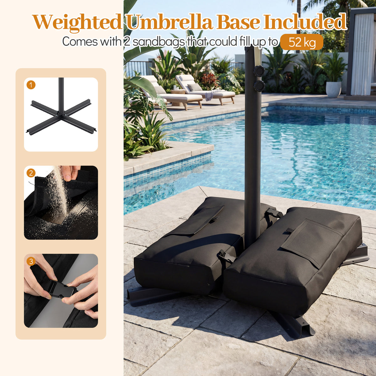 2.8M Patio Umbrella with Weighted Base Sandbags and Push Button Tilt for Garden