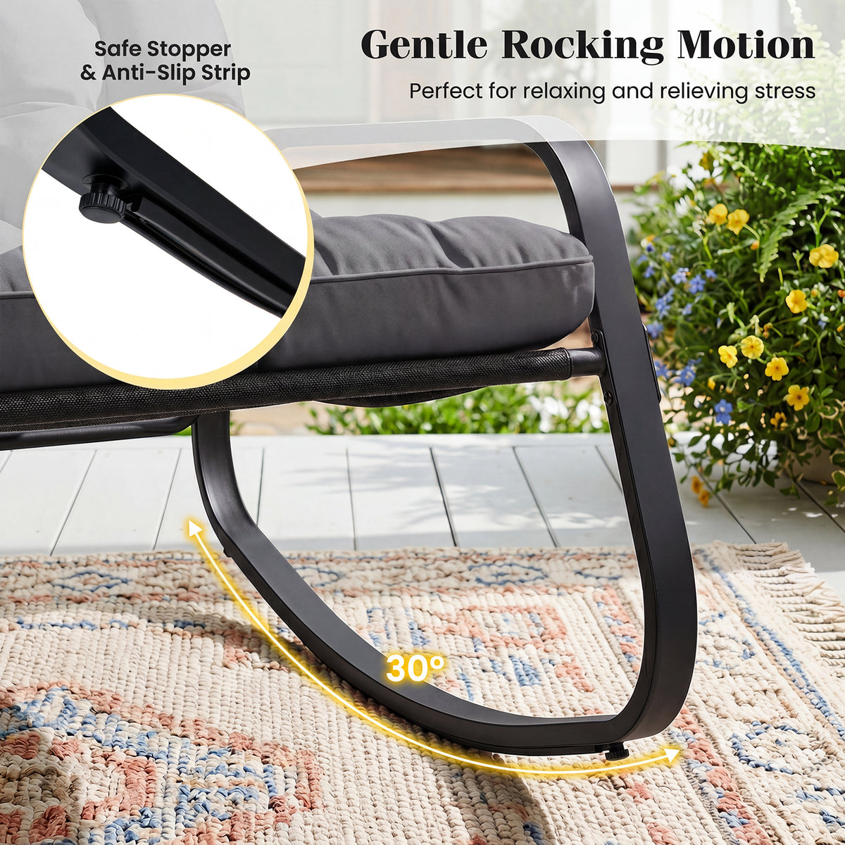 Large Outdoor Lounge Chair Rocking with Thick Cushion for Garden