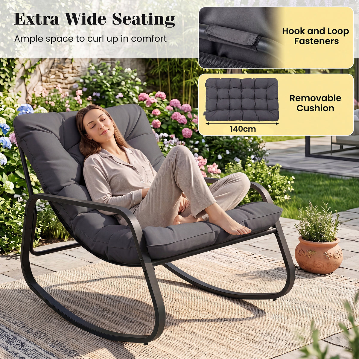 Large Outdoor Lounge Chair Rocking with Thick Cushion for Garden