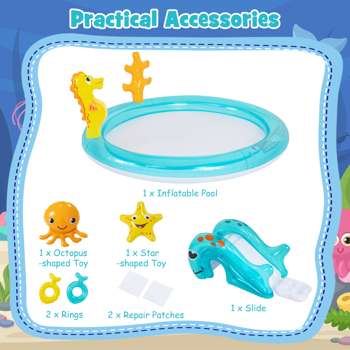 Inflatable Play Center, Marine Life Spray Pool with Slide, Seahorse-shaped Sprinkle