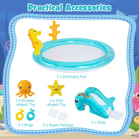 Inflatable Play Center, Marine Life Spray Pool with Slide, Seahorse-shaped Sprinkle