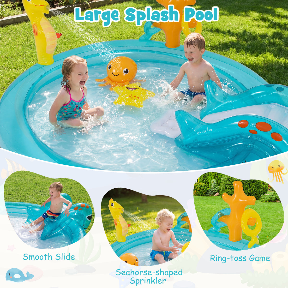 Inflatable Play Center, Marine Life Spray Pool with Slide, Seahorse-shaped Sprinkle