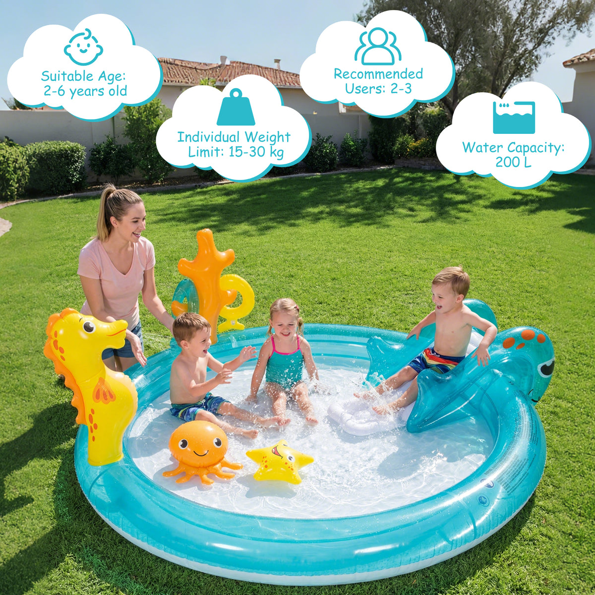 Inflatable Play Center, Marine Life Spray Pool with Slide, Seahorse-shaped Sprinkle