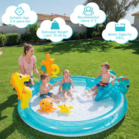 Inflatable Play Center, Marine Life Spray Pool with Slide, Seahorse-shaped Sprinkle
