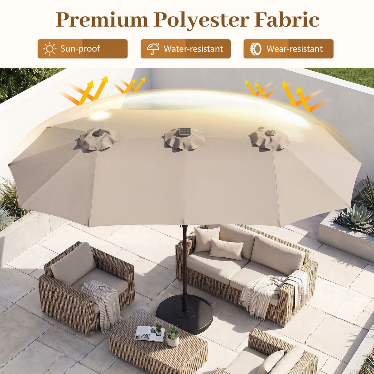 4M Double-Sided Patio Umbrella with Solar Lights and Crank Handle
