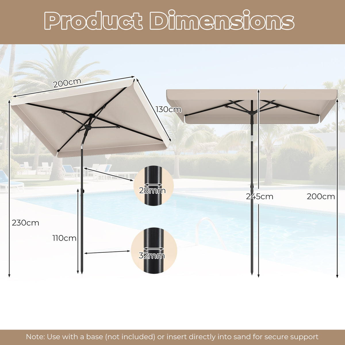 2 x 1.3m Rectangular Outdoor Balcony Umbrella