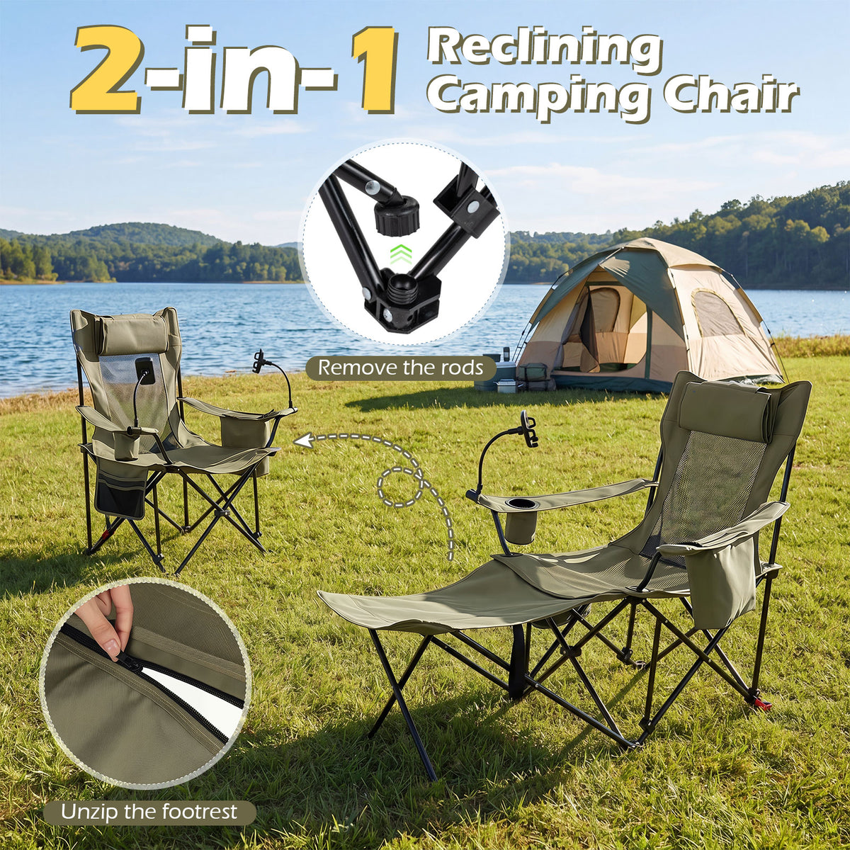 2-in-1 Camping Chair with Detachable Footrest and 3-Level Backrest
