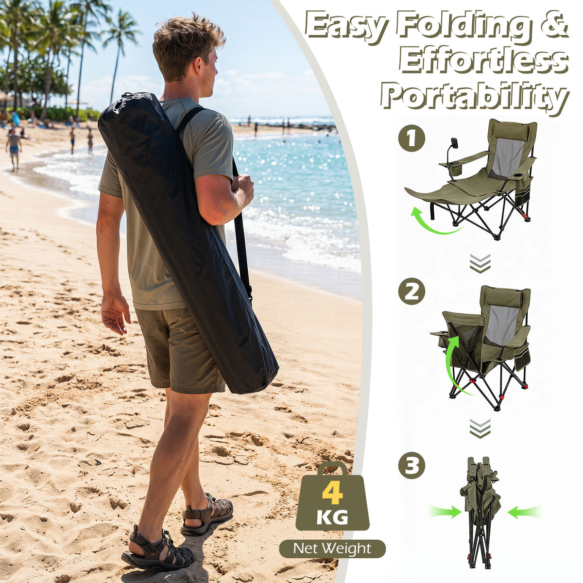 2-in-1 Camping Chair with Detachable Footrest and 3-Level Backrest