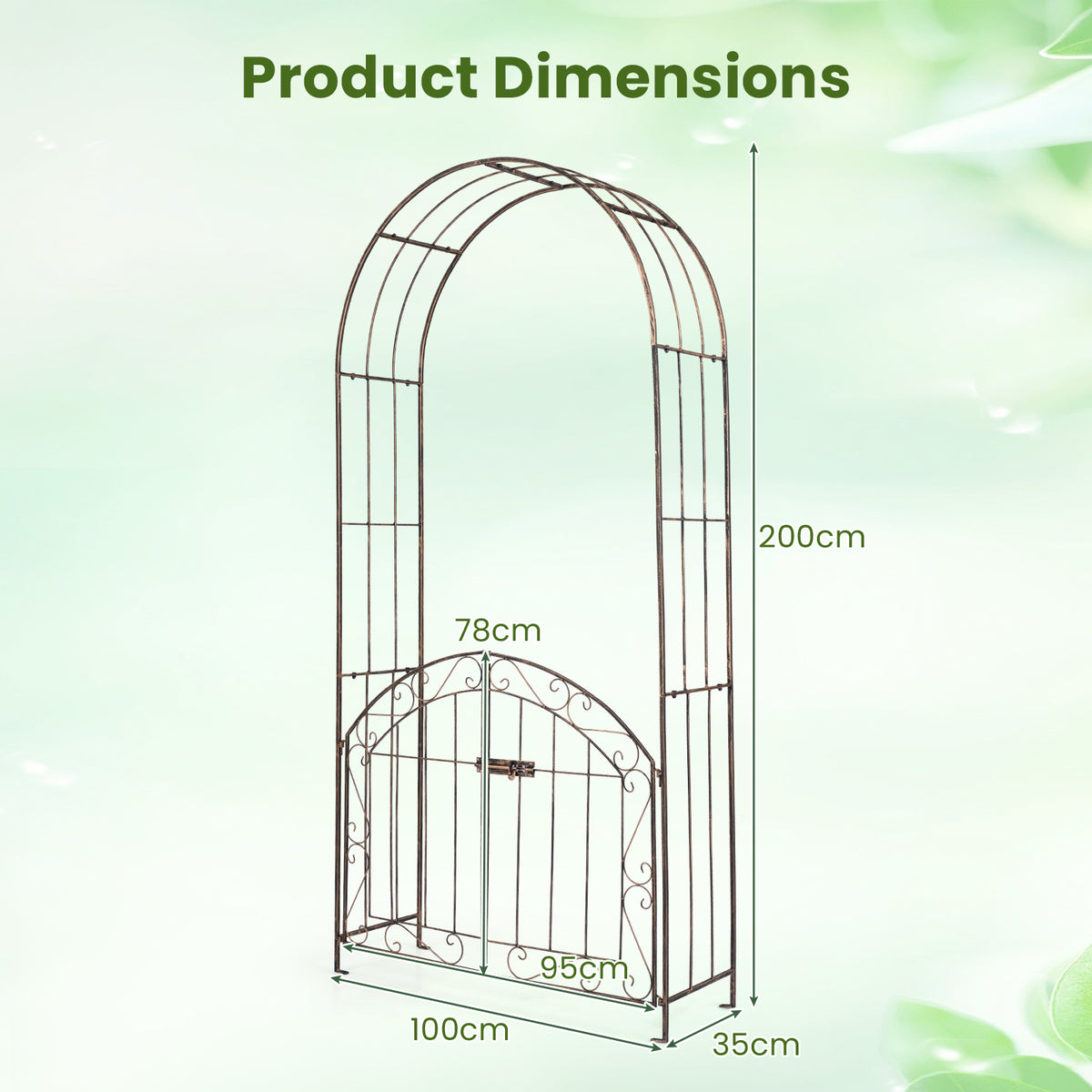 200 cm Garden Arch with Gate, Heavy-Duty Metal Arbor Trellis for Climbing Plants