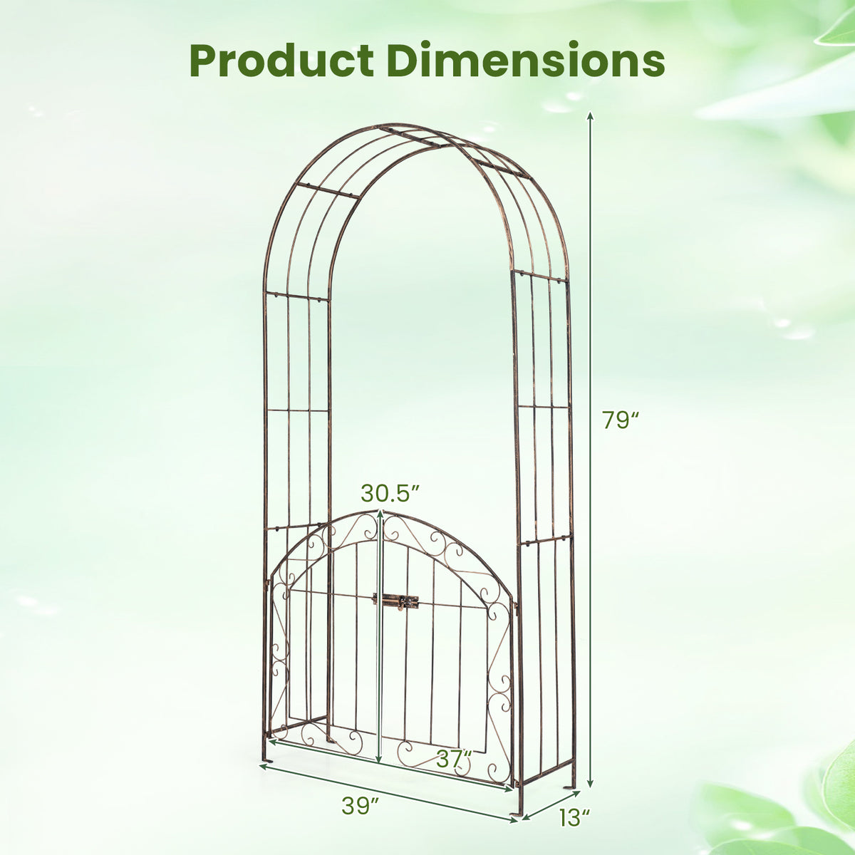 200 cm Garden Arch with Gate, Heavy-Duty Metal Arbor Trellis for Climbing Plants